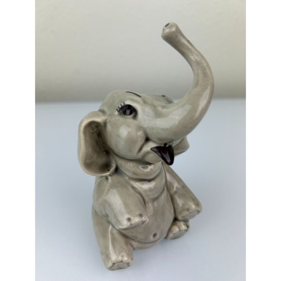 Elephant Figurine Ceramic Arts Studio Pottery Gray Eyelashes Vintage Trunk Up - Picture 3 of 12